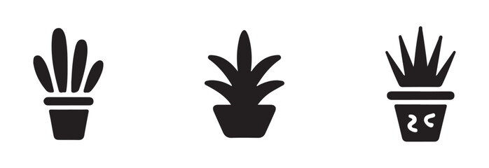  Potted plant icon, silhouette plant icon set, minimalist black aloe vera plant icon in pot, simple and elegant black plant icon in a pot, vector illustration EPS 10.