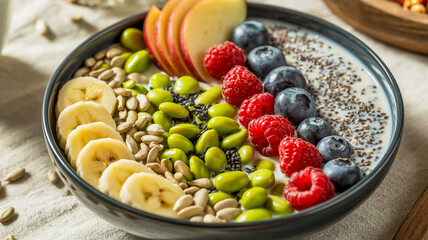 Vibrant healthy smoothie bowl packed with fruits nuts seeds and berries for breakfast