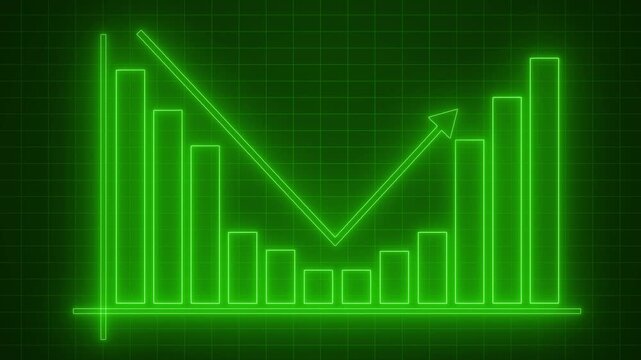 Neon Bar Chart with Downward Trend Arrow, Corporate Business Report Animation Featuring Neon Glowing Bar Graph Elements