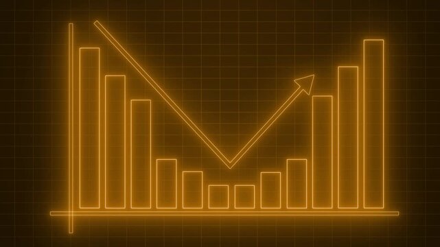 Neon Bar Chart with Downward Trend Arrow, Corporate Business Report Animation Featuring Neon Glowing Bar Graph Elements