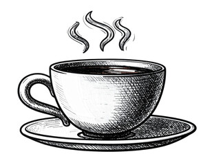 Detailed illustration of a coffee cup and saucer, with steam rising, rendered in a hand-drawn, sketch-like style with cross-hatching, creating a monochrome image with a dark background, evoking...