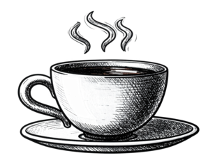 Detailed illustration of a coffee cup and saucer, with steam rising, rendered in a hand-drawn, sketch-like style with cross-hatching, creating a monochrome image with a dark background, evoking...