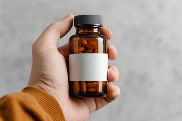 hand holding supplement bottle with blank label against simple backdrop