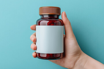 hand holding supplement bottle with blank label against simple backdrop