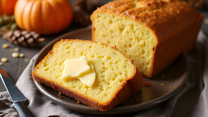 A slice of warm, homemade pumpkin cornbread with melting butter. A rustic and cozy autumn side dish, perfect for Thanksgiving dinner.
