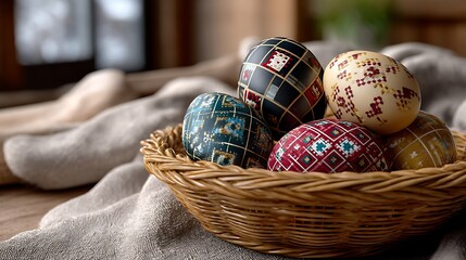 Colorful Decorative Eggs in a Rustic Basket on a Soft Cloth Background
