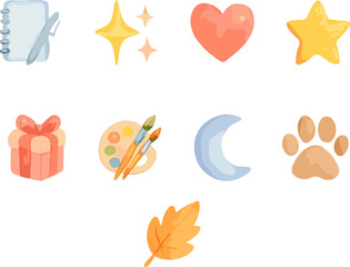 This image shows a colorful set of cute cartoon icons including a notebook with pen, sparkles, heart, star, gift, artist palette with brushes, crescent moon, paw print, and a leaf.
