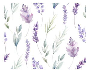 Watercolor Seamless Pattern with Lavender Flowers and Leaves isolated on white background