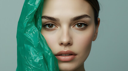 A woman's face with smooth, pale skin and subtle, defined features, partially obscured by a crumpled, translucent green plastic bag, her dark brown eyes and eyebrows still visible