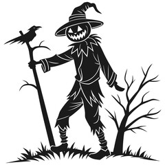 Spooky Halloween Scarecrow Silhouette with Jack-O'-Lantern Face and Tattered Clothes on a white background