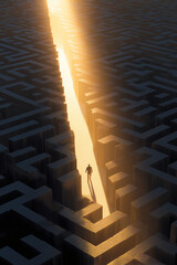 an overhead view of a complex maze, with radiant golden light breaking through and a person walking confidently toward the center