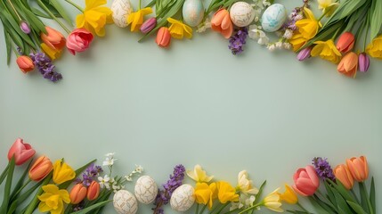 Creative layout made with colorful flowers and Easter eggs. Minimal nature background. Spring holidays concept. 