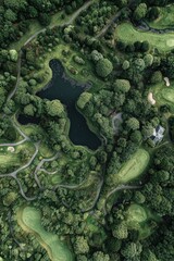 A verdant golf course design, showcasing intricate pathways, lush greenery, and serene water features.