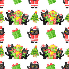 A black cat wearing a Santa hat is holding a green box