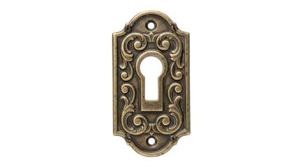 Ornate antique escutcheon isolated on transparent background, a decorative keyhole cover with intricate detailing and vintage charm for classic door hardware