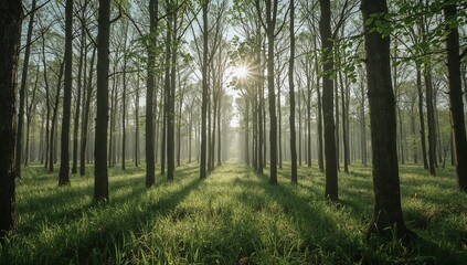 Sunbeams pierce through a serene, misty forest canopy, illuminating lush green grass and casting long, dramatic shadows, evoking tranquility and natural beauty.