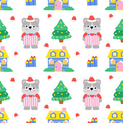 A pattern of cartoon animals and houses with a Christmas tree in the middle