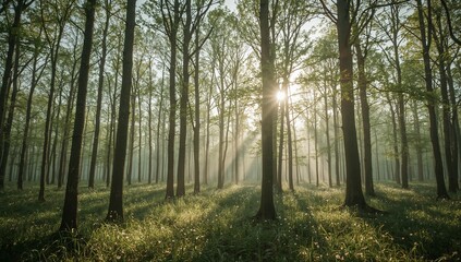 Naklejka premium Sunbeams pierce misty forest canopy illuminating dew kissed wildflowers and lush green foliage creating a serene natural sanctuary
