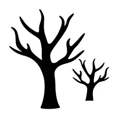 Silhouettes of two bare deciduous trees against a stark white background in a minimalist design