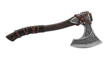 Closeup of a viking axe with intricate knotwork designs on the blade and handle, isolated on transparent background a symbol of norse warrior culture