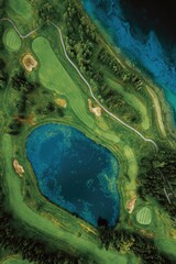 High-angle view of a golf course with a large lake, showcasing green fairways and trees.