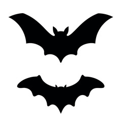 Two silhouetted bats flying against a white background in a halloween themed design