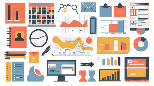 Flat lay illustration of business and office elements including charts and graphs and stationery items