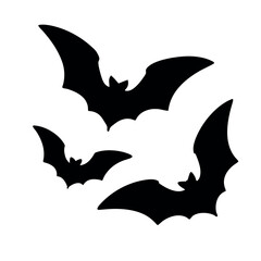 Silhouette of three flying bats against a white background perfect for halloween decorations