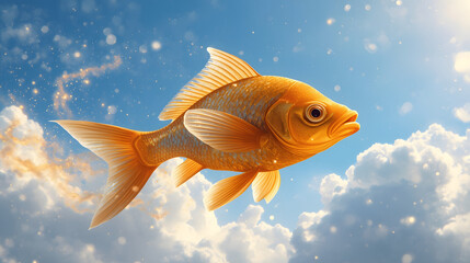 The majestic golden fish with iridescent scales and delicate fins, soars effortlessly through the soft, white, and puffy clouds in a bright blue sky, fulfilling both its own and others’ wishes