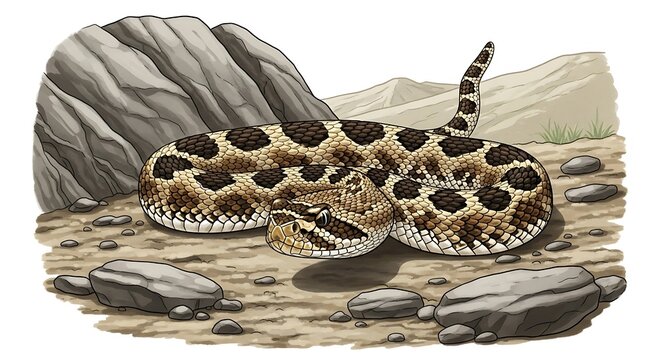 Desert Sidewinder Snake Coiled on Rocks.