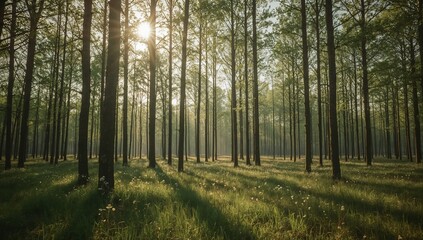 Fototapeta premium Sunbeams pierce through a serene forest canopy, illuminating a lush green meadow dotted with delicate wildflowers, creating a tranquil and magical natural scene.
