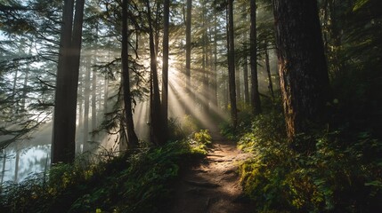 Obraz premium Sunlit forest path with dappled light and towering trees creating a tranquil atmosphere