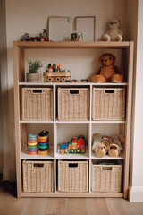 a set of shelves with colourful cane baskets and a bunch of toys inside