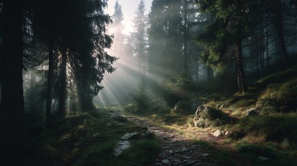 Fototapeta premium Mystical forest path bathed in ethereal sunlight and shrouded in a captivating atmosphere