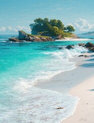 Tranquil turquoise waters lap gently against a small, verdant island, showcasing a serene beach scene under a bright sky.