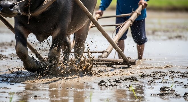 A farmer guides a water buffalo with a traditional wooden plow through a muddy, flooded rice paddy field.