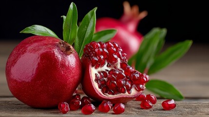Fresh pomegranates with vibrant red seeds and green leaves arranged on rustic wooden surface, showcasing the natural beauty and texture of this delicious fruit in a visually appealing composition