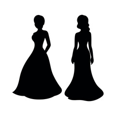 Elegant silhouettes of two women in formal ball gowns on a white background