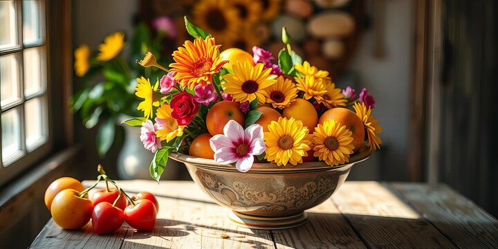 Sunlight illuminates vibrant fruit & flowers in a vintage ceramic bowl, rustic wooden table,  royalty free,  image