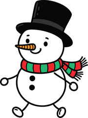 A colorful illustration of a walking adorable snowman wearing a black hat and scarf isolated on a white background