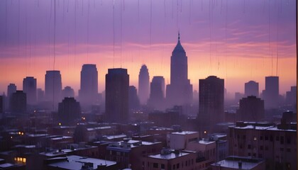 Obraz premium Cityscape at Dusk: Skyscrapers Silhouetted Against a Purple Sky