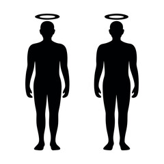 Two silhouetted figures with halo symbols representing angels or divine beings