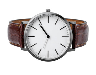 Sleek wristwatch design presented against a black background, featuring a white watch face with simple black hour markers and hands, complemented by a luxurious brown leather band with a textured...