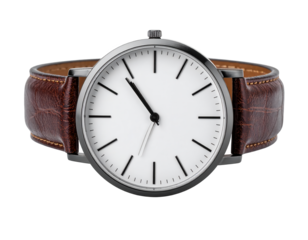 Sleek wristwatch design presented against a black background, featuring a white watch face with simple black hour markers and hands, complemented by a luxurious brown leather band with a textured...