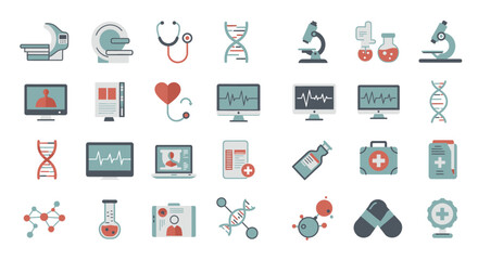 A clear flat design illustration presenting a collection of icons symbolizing medical technology and advancements in healthcare.