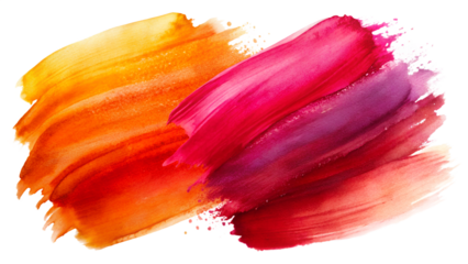 Abstract watercolor brush strokes in vibrant shades of orange, red, pink, and purple, creating a dynamic and energetic splash of color, isolated on a transparent background