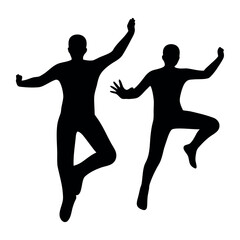 Silhouettes of two dynamic individuals captured mid leap in a celebratory or athletic movement against a white background