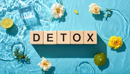 水面に浮かぶデトックスを意味する英単語のdetoxの文字が書かれた木製のキューブブロックAIで生成	