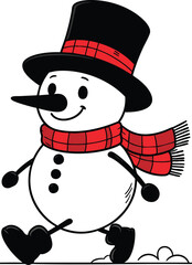 A colorful illustration of a walking adorable snowman wearing a black hat and scarf isolated on a white background