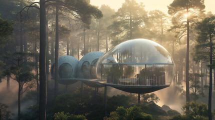 A transparent glass dome house elevated on stilts in a misty forest, illuminated by soft sunlight filtering through tall pine trees. AI generated illustration.